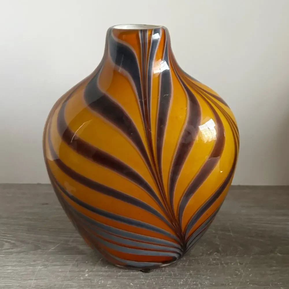 Vintage Murano Style Cased Tiger Strip / Pulled Feather Glass 8” Vase Set of 3